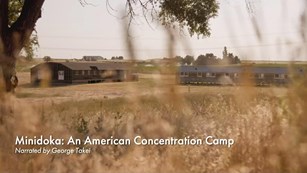 A screencap of the film's title card: Minidoka, An American Concentration Camp