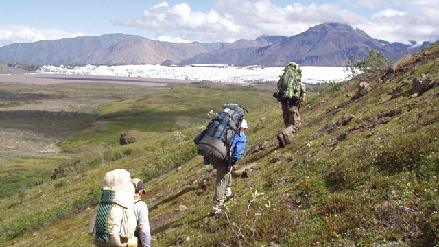 Three backpackers spaced out on the trail with mountains in the background.