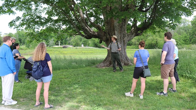 A National Park Ranger surrounded by visitors speaks with a wooden bridge in the distant background