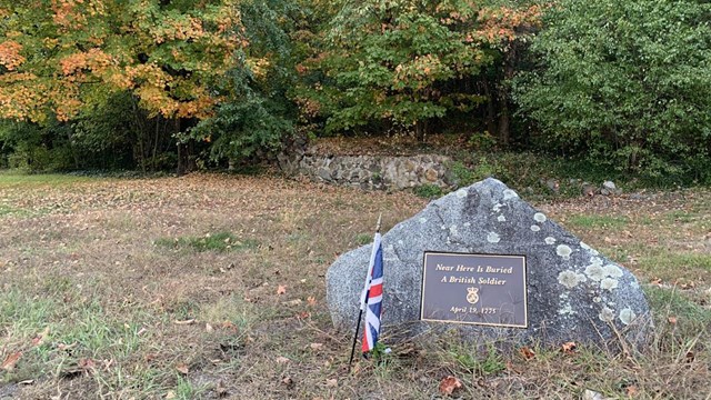 A grave stone with metal plaque surrounded by grass and trees