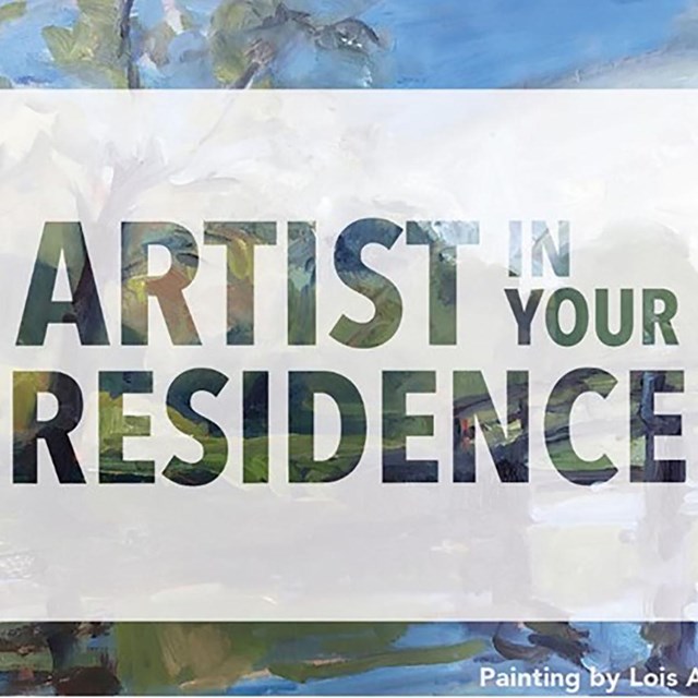 A painted scene at a bridge surrounded by green grass. Artists-in-Your-Residence Logo Overtop Image 