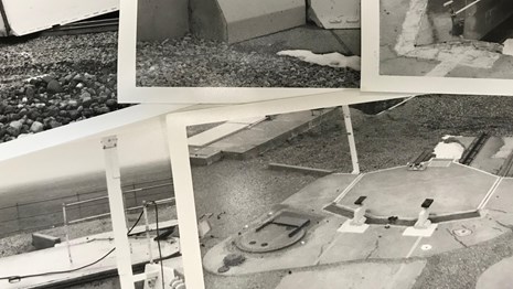 Collage of black and white photographic prints showing a minuteman missile silo.