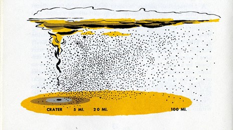 Illustration of radioactive fallout on a landscape
