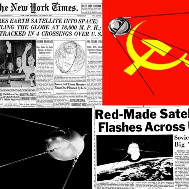 Newspaper articles next to pictures of a satellite