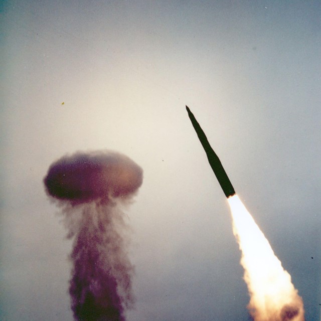 A minuteman missile soaring across the sky