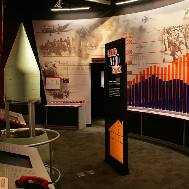 A museum display area, featuring part of a missile and a timeline