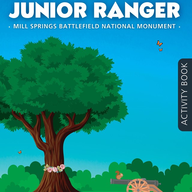 A booklet cover showing a blue sky and green tree with brown trunk next to a cannon.