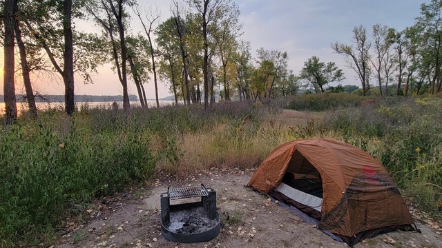 A small tent sits in a primitive campsite next to a fire ring and surrounded by tall grasses 