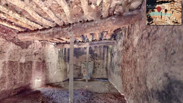 computer generated interior of a large room with wooden rafters and beams