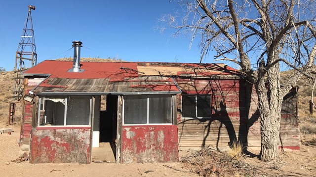 A run down ranch house with pealing red paint and a windmill.  A dead tree is in the foreground.