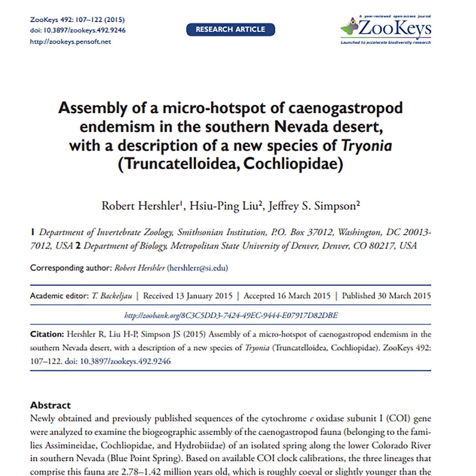 cover of research article about a newly discovered springsnail species in the Mojave Desert