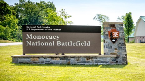 Monocacy National Battlefield entrance sign with NPS arrowhead logo
