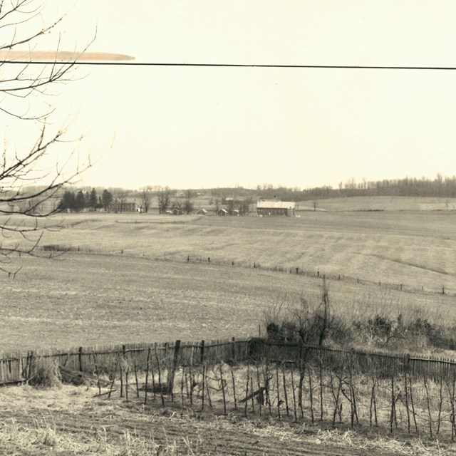 Historic black and white photo that show an open landscape between the Thomas and Worthington farms.