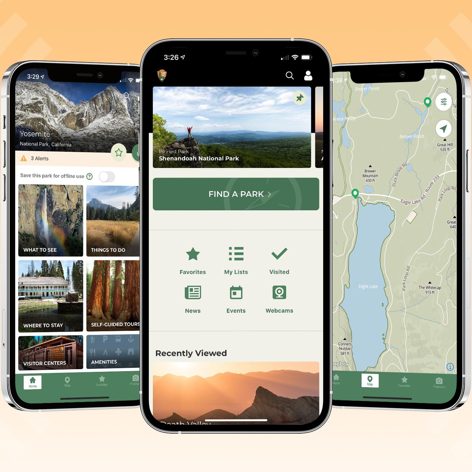 Three cell phones displaying homescreens of a mobile app with maps, text, and images.