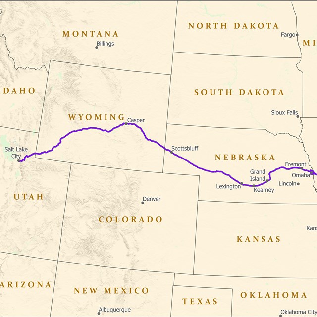 A map depicting a trail from Illinois to Salt Lake City, Utah.
