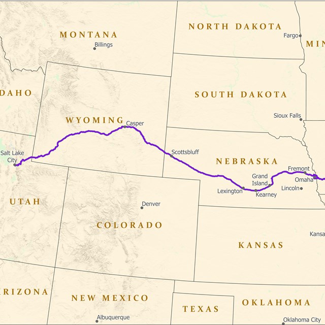 A map depicting a trail from Illinois to Salt Lake City.