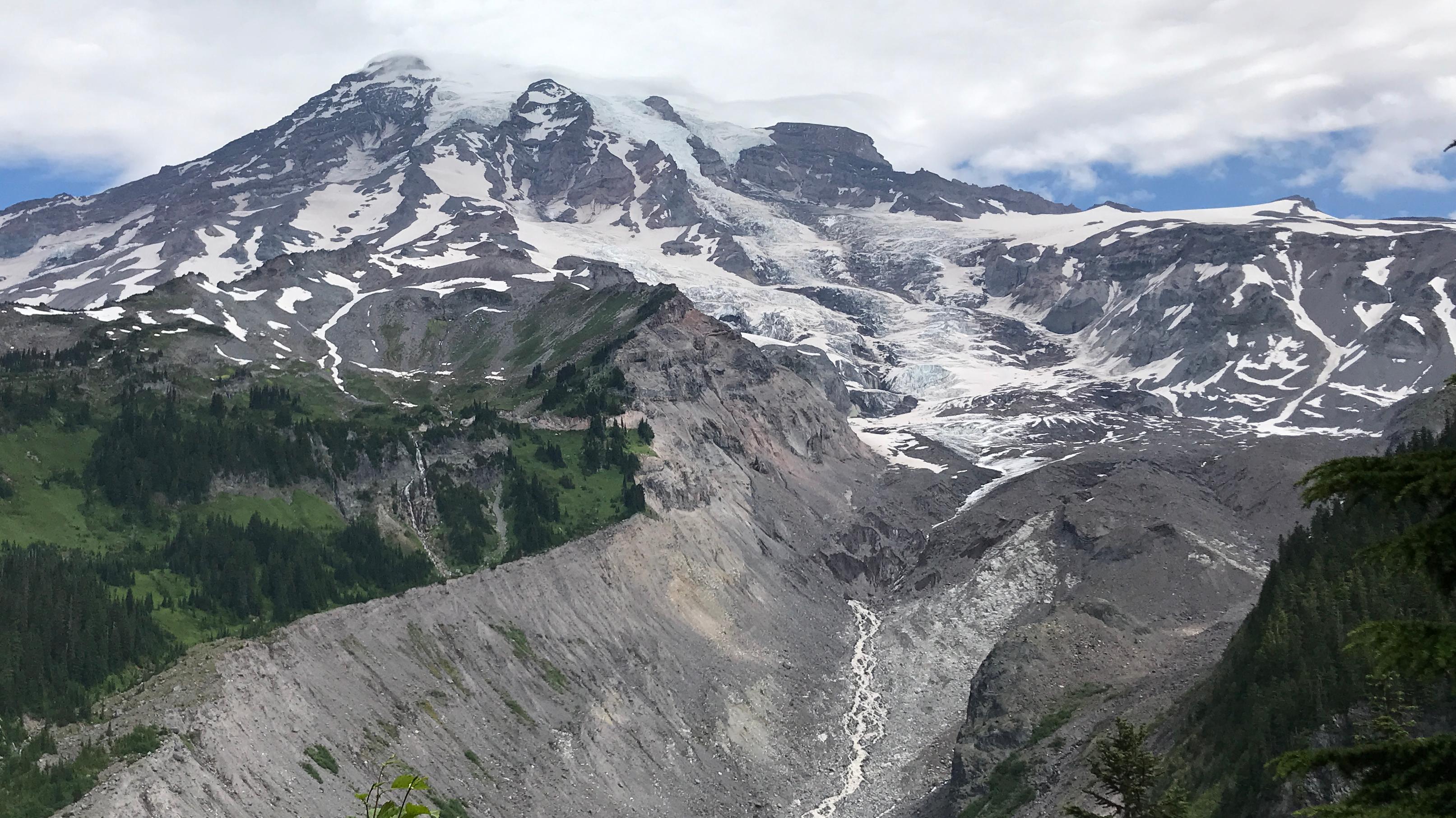 A glacier carves down a mountain into a deep river valley surrounded by forest. 