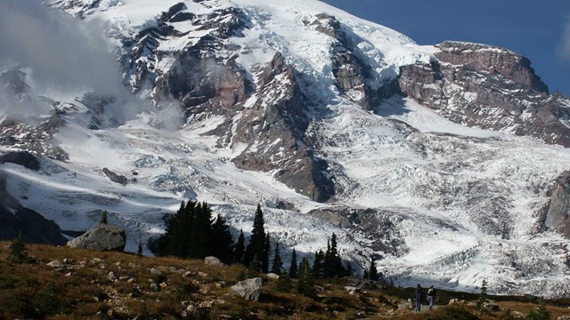 Mount Rainier as seen from Paradise meadows in fall.