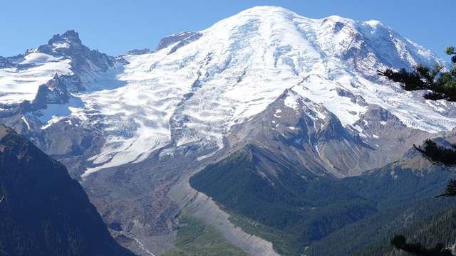 A glacier carves down a mountain slope into a forested river valley. 