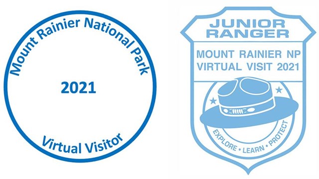 Two simple stamps, one circular, one in the shape of a badge, for Mount Rainier Virtual Visitors. 