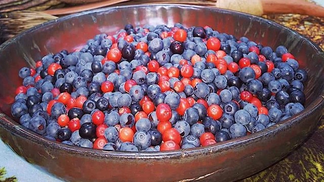 A large wood bowl filled with red and blue berries. 