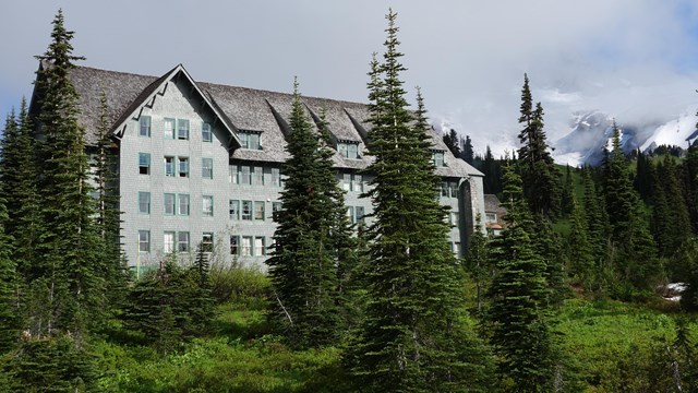 A multistory wood building framed by fir trees in front of a glaciated mountain.