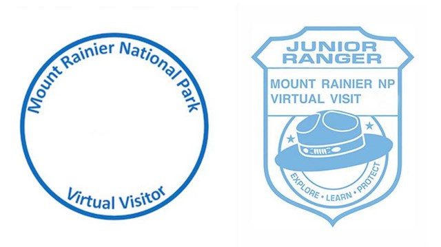 Two simple stamps, one circular, one in the shape of a badge, for Mount Rainier Virtual Visitors. 