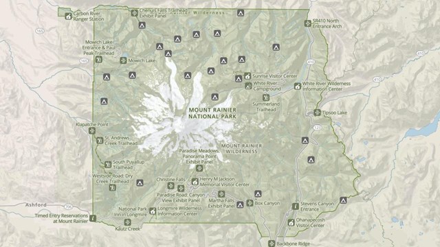 A screenshot of a map of Mount Rainier National Park shaded in green with numerous icons. 