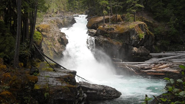 White water rushes over a rock face into a blue river. 