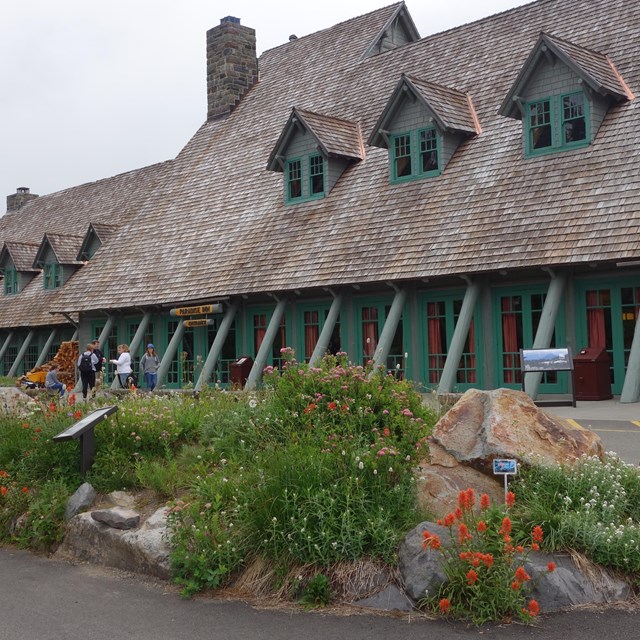 Wildflowers bloom in front of a large wood building with an angled roof. 