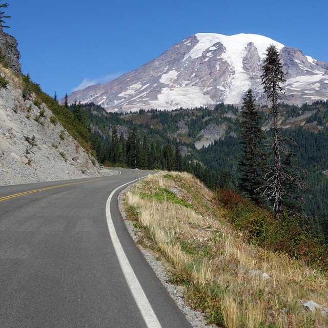 A road curves up the side of a valley towards Mount Rainier.