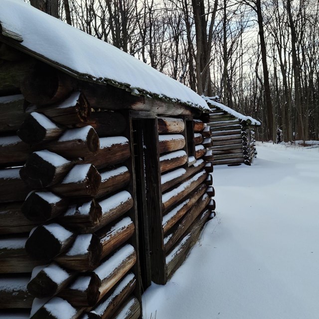 A log hut in a wintery snow