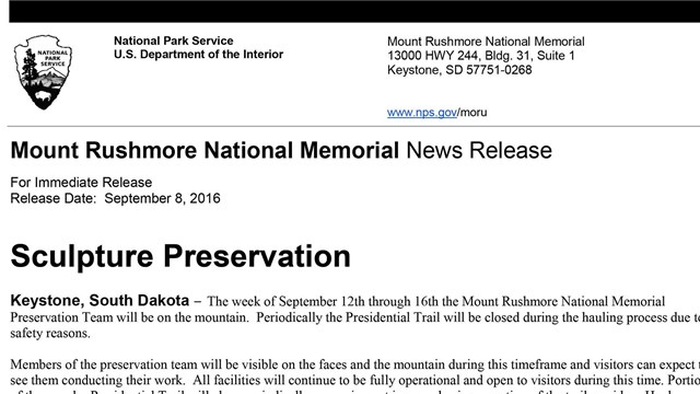 Image of a Mount Rushmore National Memorial news release.