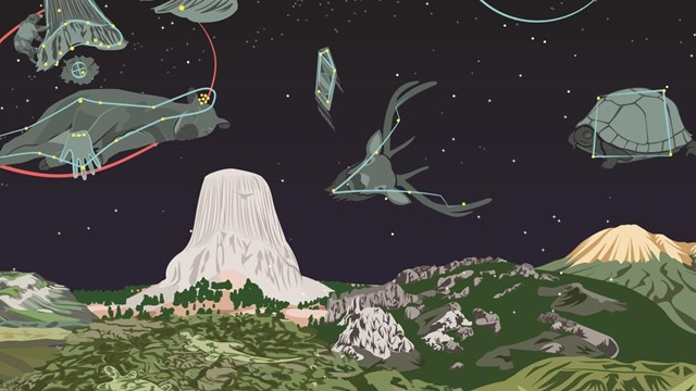 An illustration showing several geologic features corresponding to constellations.