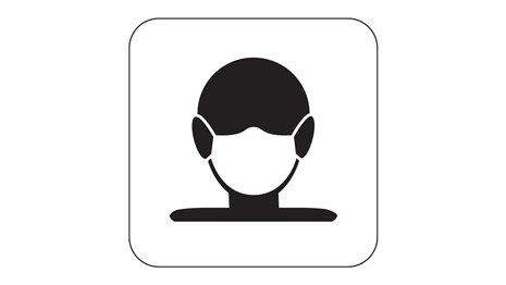 Black and white symbol with human head wearing a face mask.