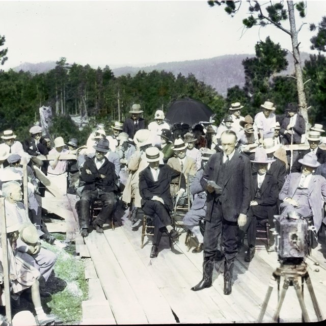 President Calvin Coolidge speaks on August 10, 1927, at the Mount Rushmore dedication ceremony.