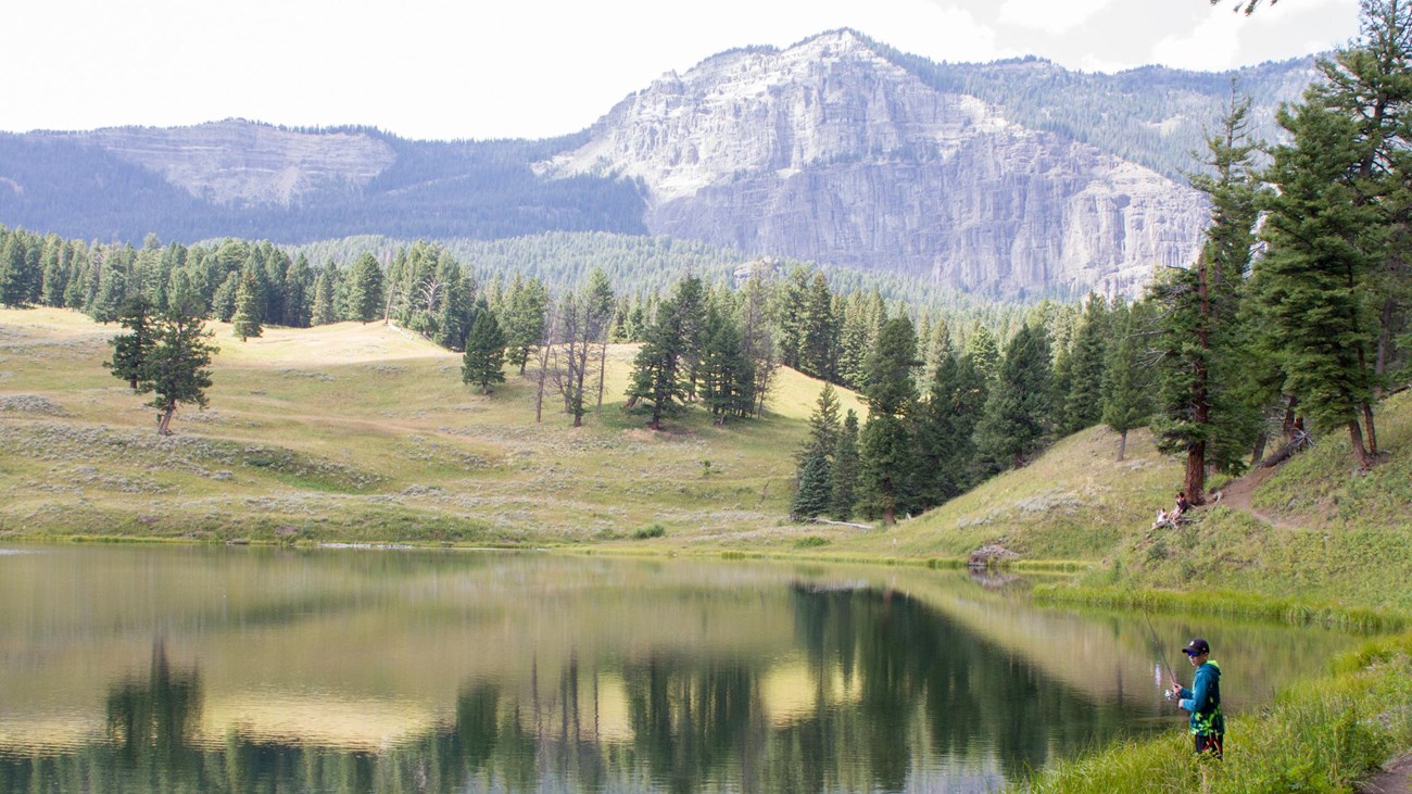 Boy fishes in lake at Yosemite National Park.