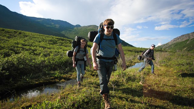 three people hiking through a small creek on a hill
