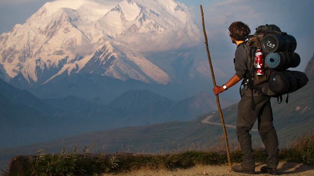 a hiker with backpack and hiking pole looks out at a vast snowy mountain in Denali National Parka