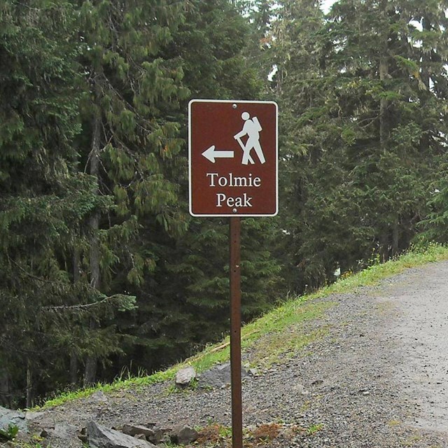 A roadside brown trail sign with a backpacker image says 