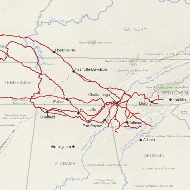 A map of the SE US, with lines showing the many routes the trail took from east to west.