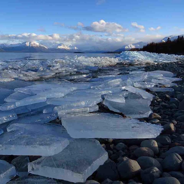Blocks of ice washed up along a lake shore in winter.