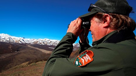 male ranger points binoculars at snowy mountain range in the distance