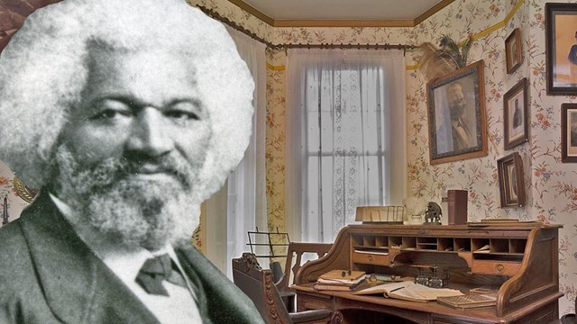 Frederick Douglass superimposed in front of photograph of his Cedar Hill library