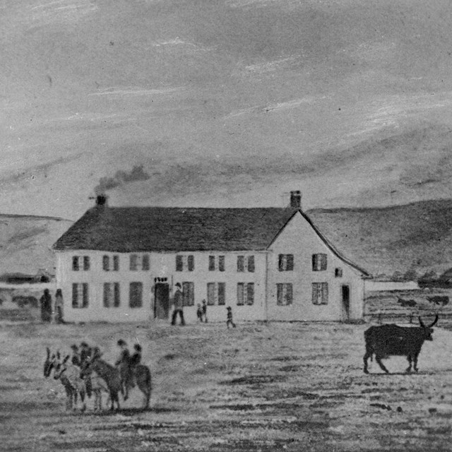 A sketch of Johnny Grant's home and trading post in the Deer Lodge Valley. 