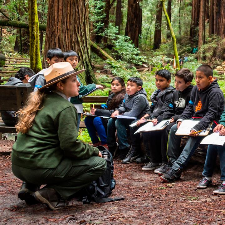A ranger sits in front of a group of children in the middle of a redwood grove