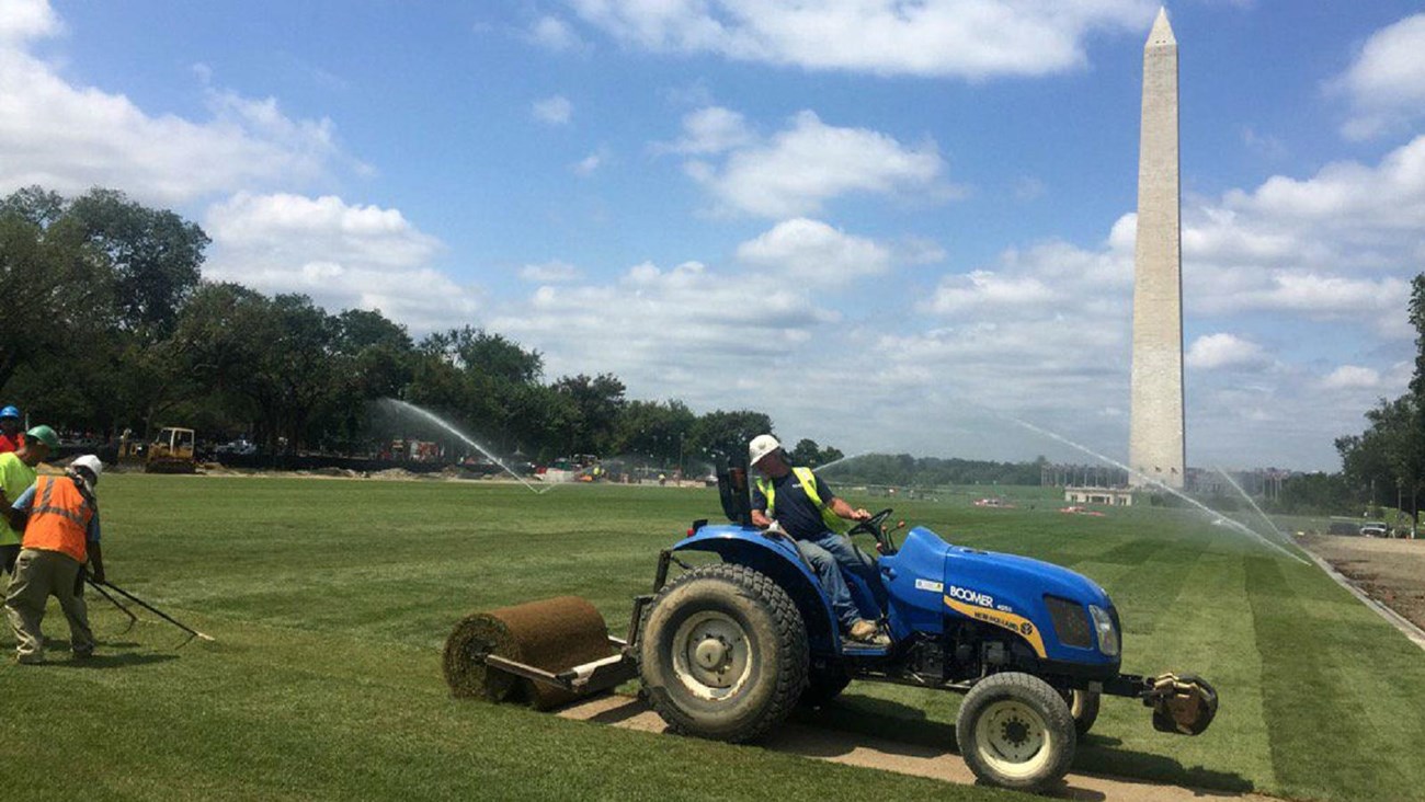 Person on a tractor unrolling sod near the Washington Monument