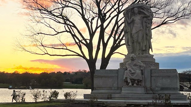 Image of John Ericsson Memorial at sunset.