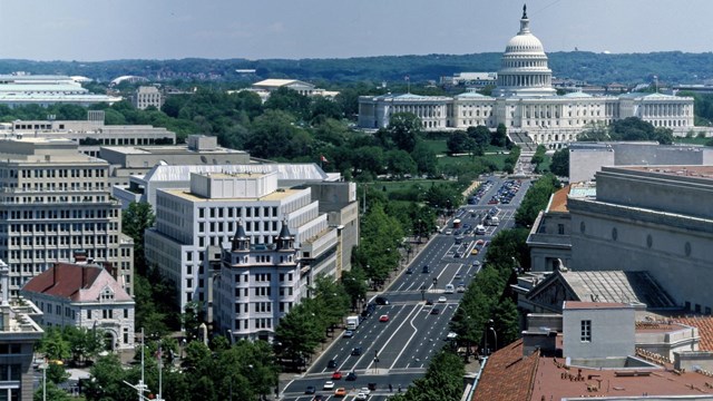 Aerial view of Pennsylvania Avenue looking toward the U.S. Capitol.