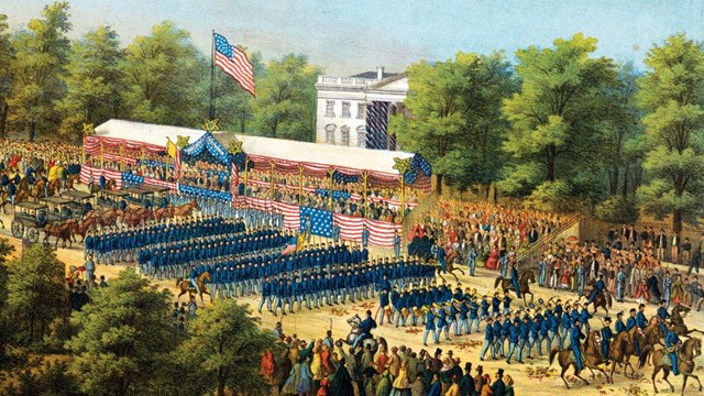 Engraving of 19th century military parade past White House